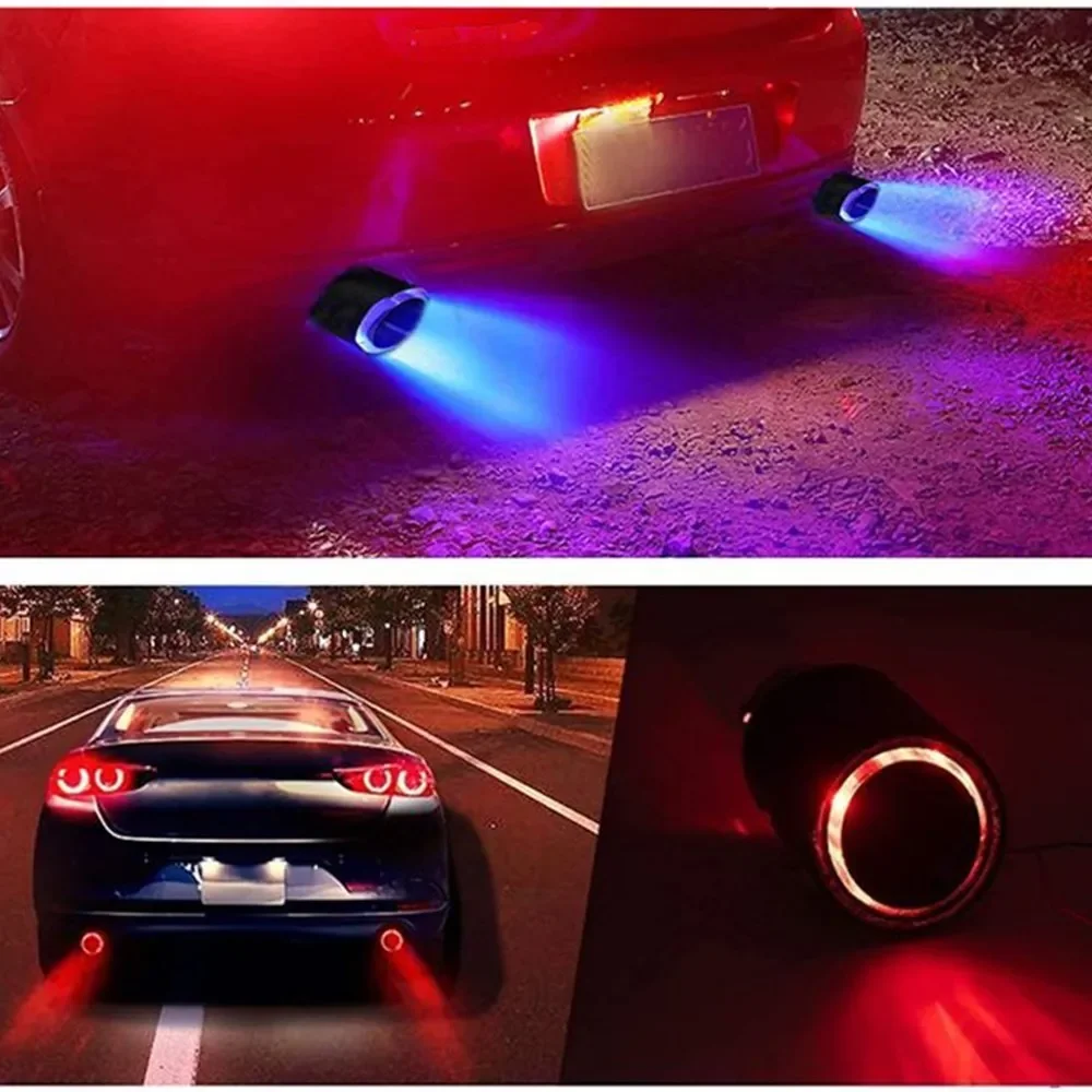 Exhaust Muffler Light Flaming Universal LED Tip Pipe Straight Car Modified Single Outlet Exhaust Pipe Tail Throat Red/Blue 6