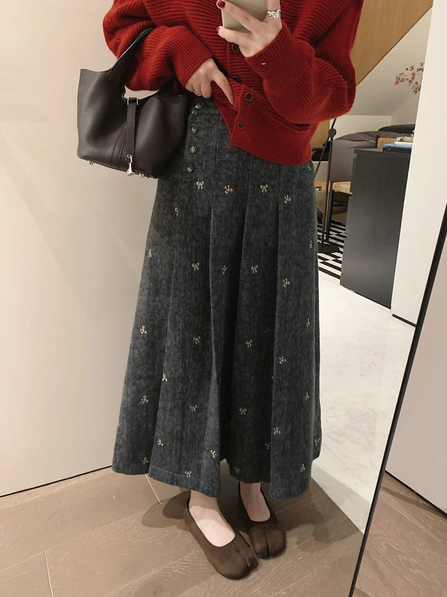 

Misslady Woolen Embroidered Knot Split Mid-Length A-Line Skirt High Waist Autumn Winter Casual Sle Women's Skirt