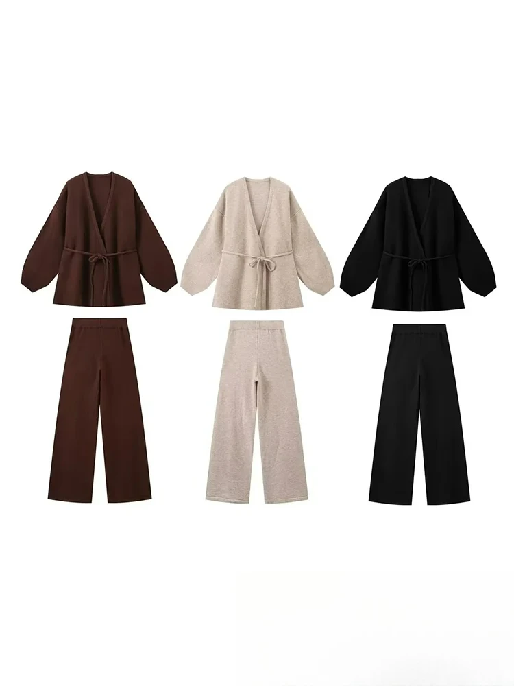 Kondala vintage casual chique feminino terno de malha sólido com decote em v manga longa rendas jaquetas soltas calças compridas moda 2024 outono conjunto