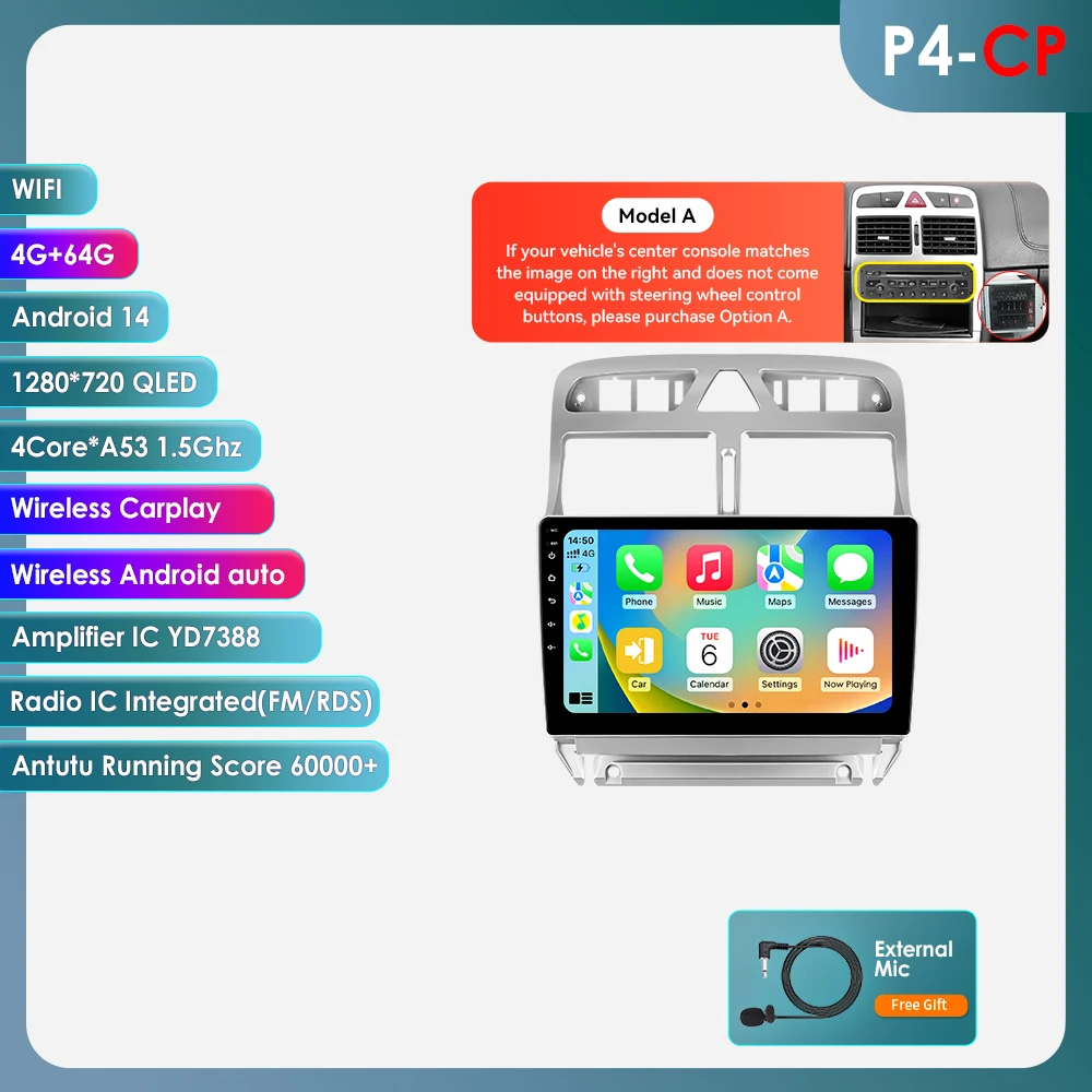 8GB 128GB Android 14 autoradio voor Peugeot 307 307CC 307SW 2002-2013 Intelligente Carplay auto multimediaspeler GPS 4G 7862