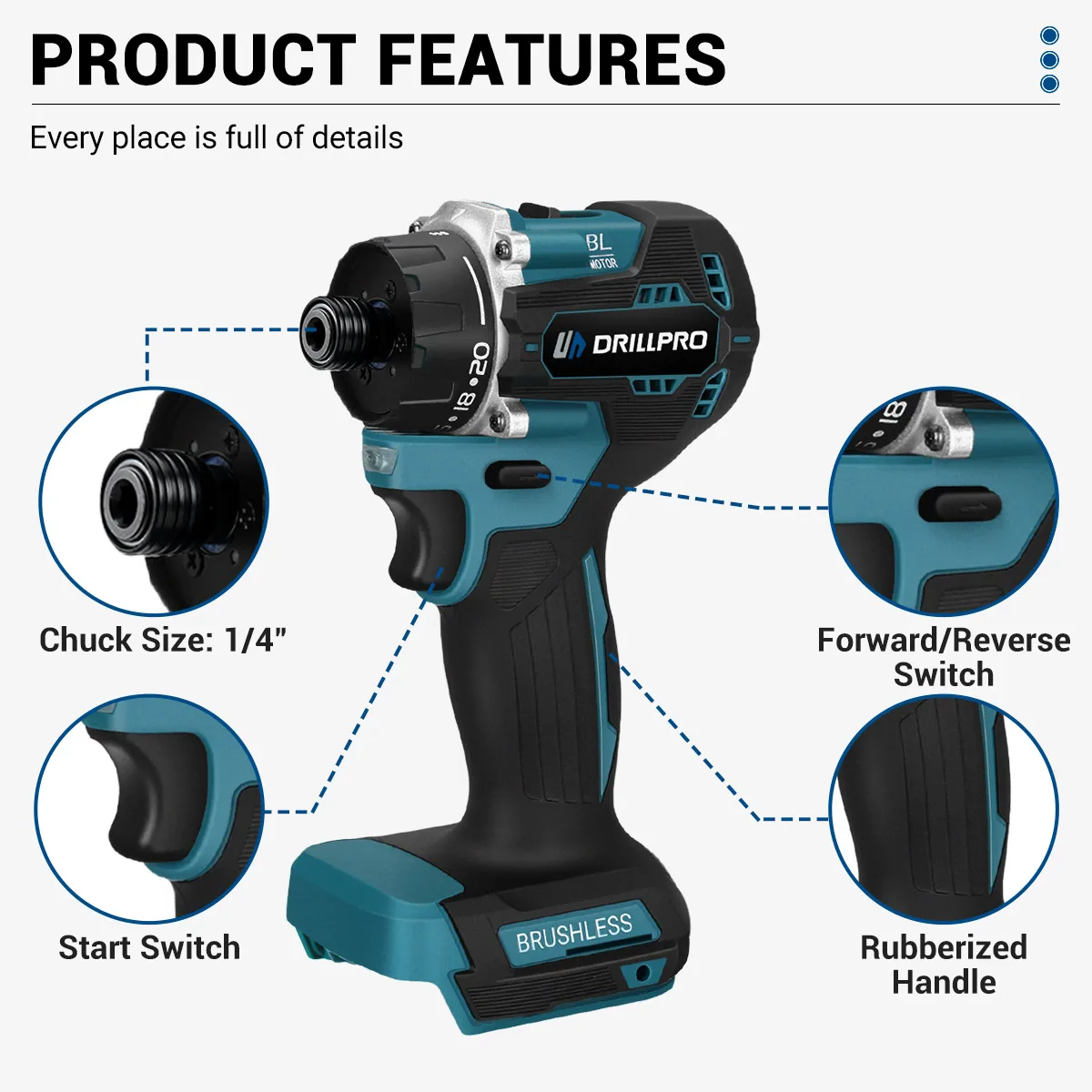 Drillpro 47pcs 1000W Brushless Electric Impact Drill 20+1 Torque 1/4inch Electric Cordless Screwdriver 280N.m Power Tools