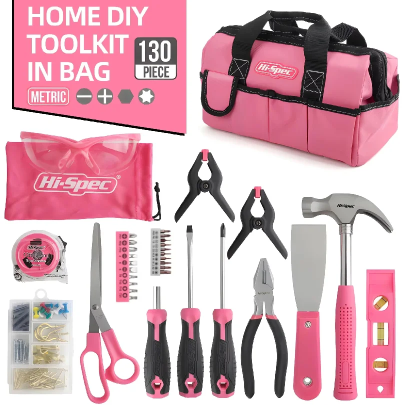 Household Home Repair Tool Kit 130 Piece General Tools Set With Tool Bag Complete Metric Home Maintenance Kit Pink