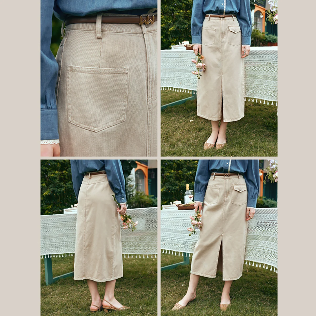 

OLrain Solid Denim Skirts Women's Autumn 2025 New Split Straight Skirt Asymmetrical Pockets High Waist A-Shaped Skirt O24CB81003