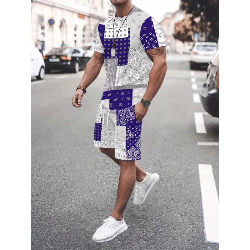 2025 Summer Men's Casual 3D Digital Printed 2-piece Set Short Sleeve Round Neck T-shirt Sports Shorts Outdoor Wear