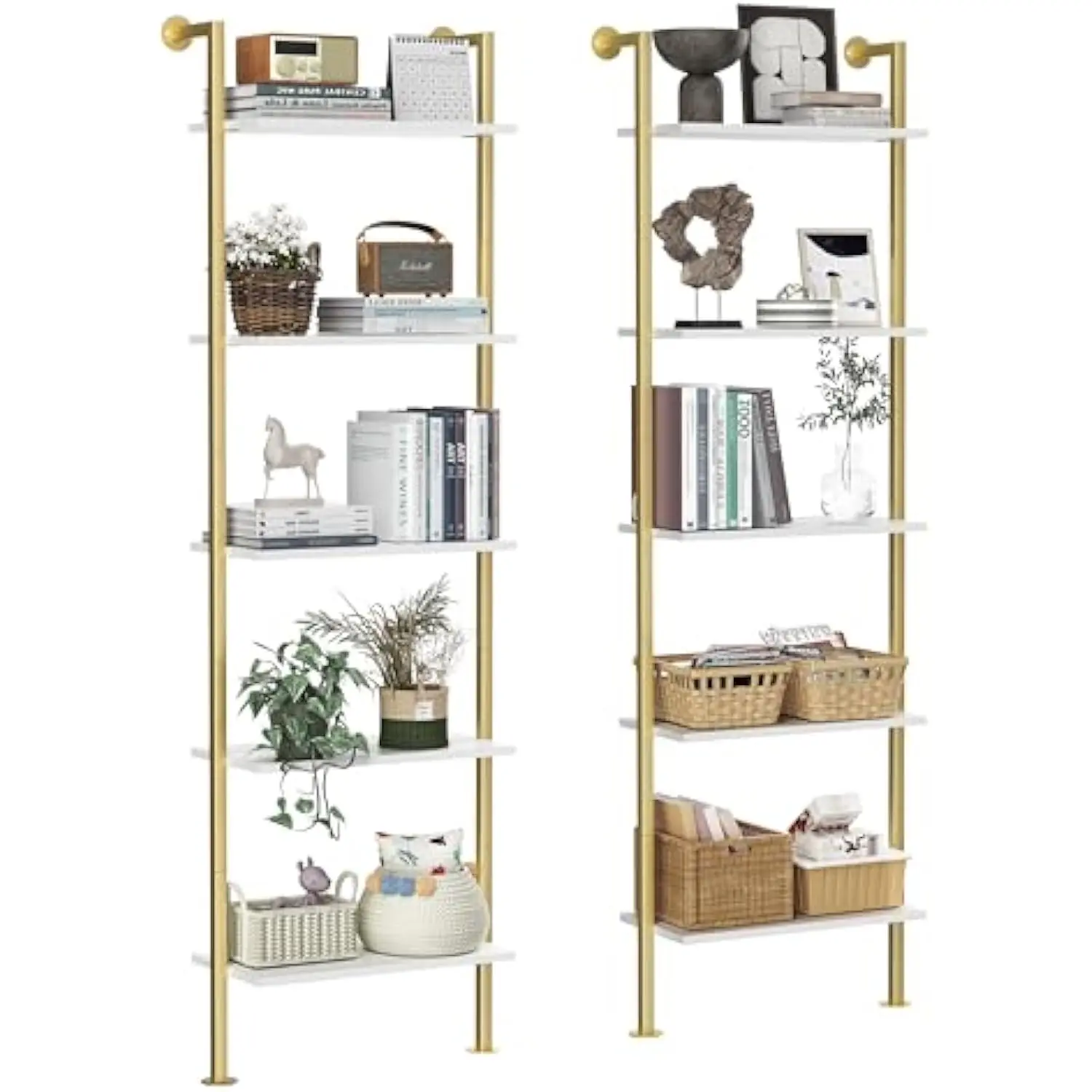

5-层 Bookshelf - Solid Wood Narrow Bookcase Set of 2, Wall Mount Ladder Shelf, Storage Rack for Living Room, Bedroom, Bathroo