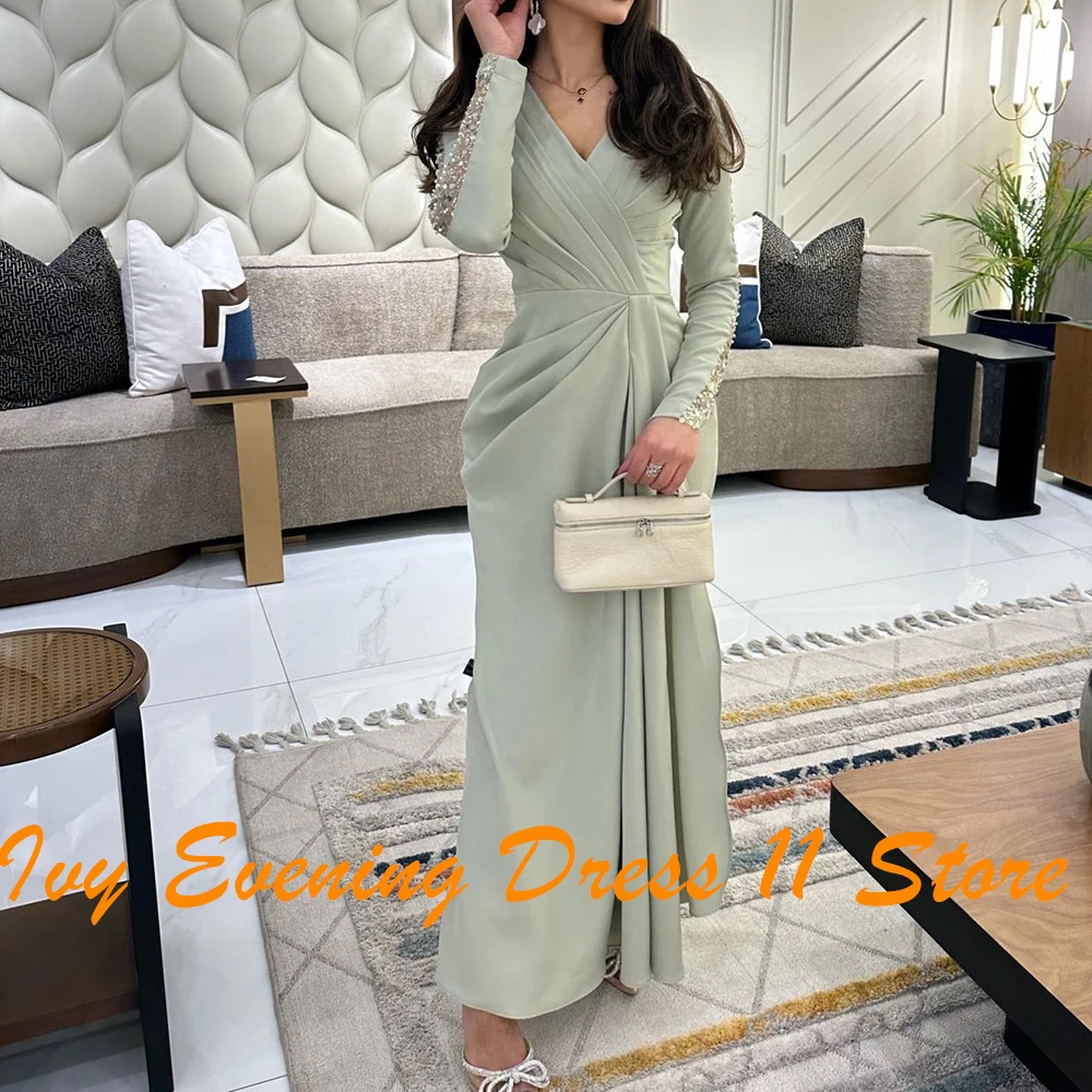 Customized Classic Ankle Length Sequined Pleats Evening Dress Exquisite A-Line Long Sleeves V-Neck Photo Color Party Gown