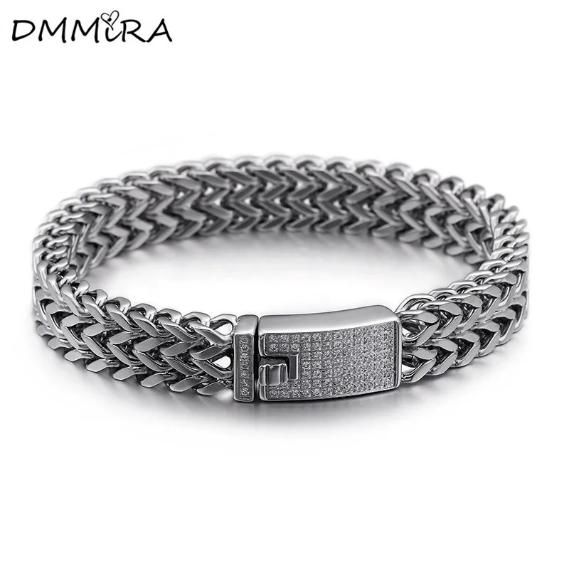 Imagem -03 - Pulseira Larga de Cristal Quadrado para Homens Corrente Dupla Lisa Zircão Cor Dourada Jóias da Moda Aço Inoxidável