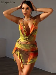 Beyprern Sensation Mesh Print Two-Piece Dress Beautiful Sheer Mesh Halter Neck Crop Top And Ruffles Skirt Set Festival Outfits