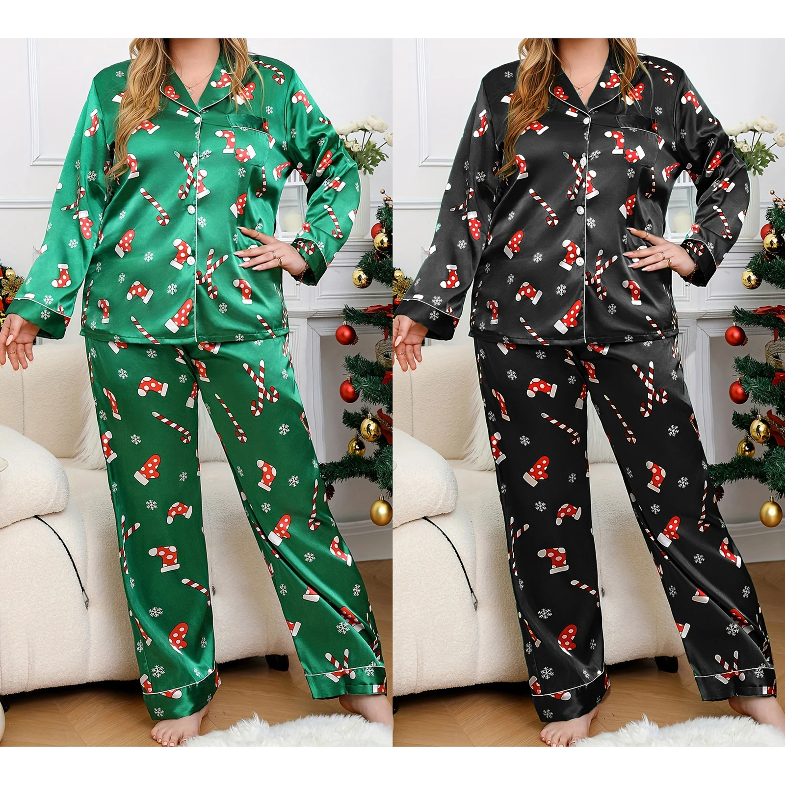 

2026 New Years Plus Size Christmas Pajamas Set for Women Candy Snowflake Long Sleeve Tops and Pants 2Piece Xmas Sleepwear Outfit