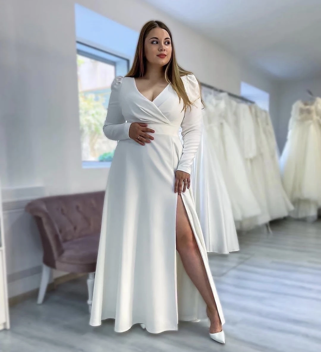 

Elegant Vestidos de Novia A-line Wedding Dress Long Sleeves Side Slit Soft Satin Plus Size Bridal Gowns Customize To Measures