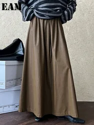 [EAM] High Elastic Waist Coffee Pu Leather Vintage Long A-line Half-body Skirt Women Fashion Tide New Spring Autumn 2024 1DH7198