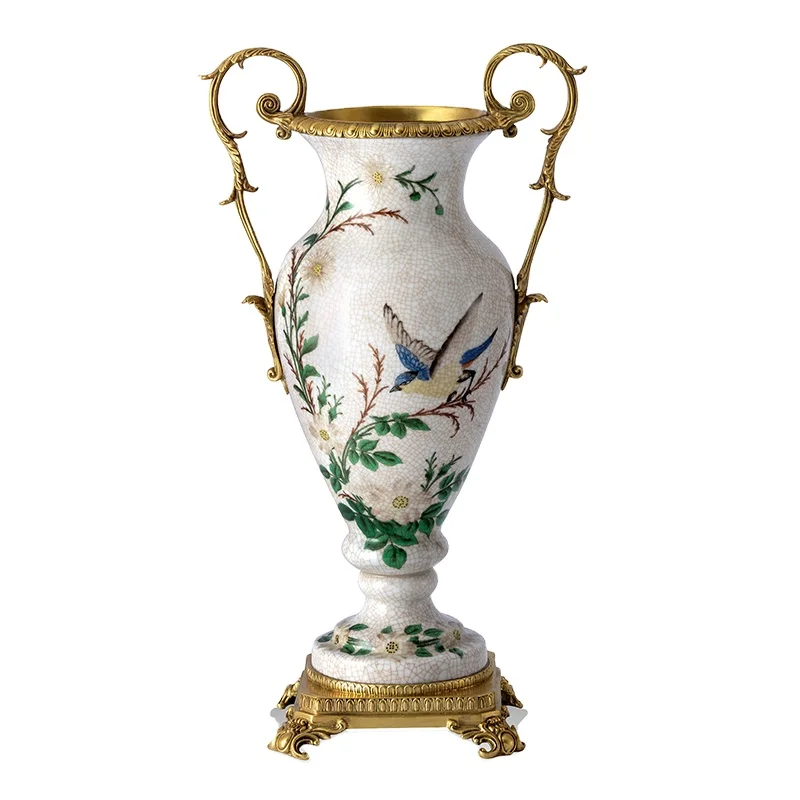 

Modern luxury brass lid porcelain jar green indoor ceramic vase vase, high-end hotel office villa decoration green interior