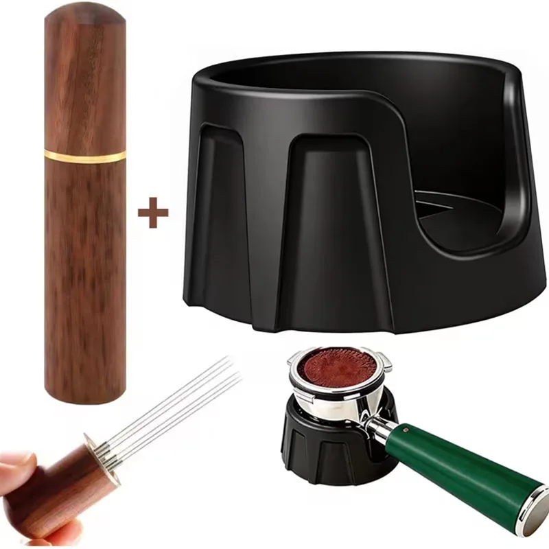 2Pcs Espresso Coffee Tool Set Wooden WDT Distribution Needle and Silicone Portafilter Tamping Station for Barista Coffee Making