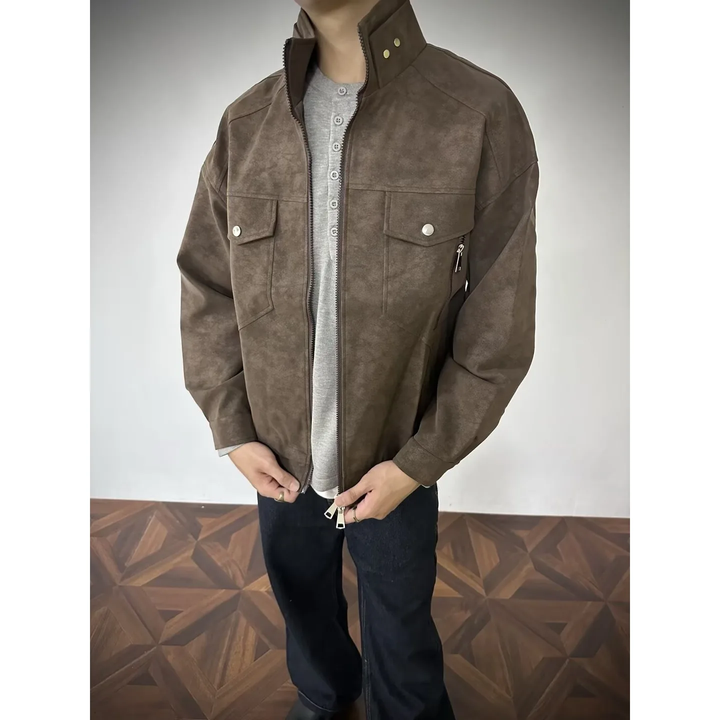 

Осень-зима, большой размер 250, открытый кардиган из искусственной кожи, джемпер Sli, американская рабочая одежда, мужское кожаное пальто с воротником-стойкой