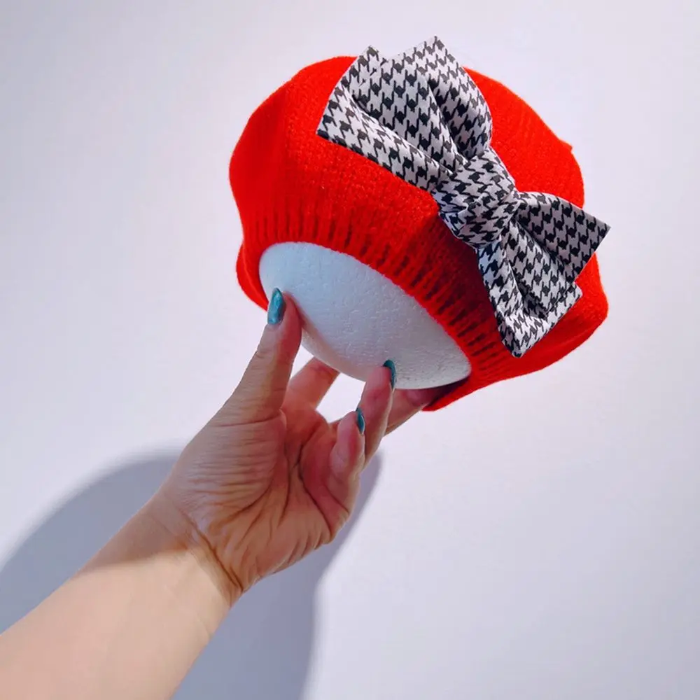 الشتاء رشاقته متماسكة قبعة الكورية نمط قبعة الصوفية الرسام قبعة houndstooth و قفازات الأطفال قبعات فتاة القبعات القوس