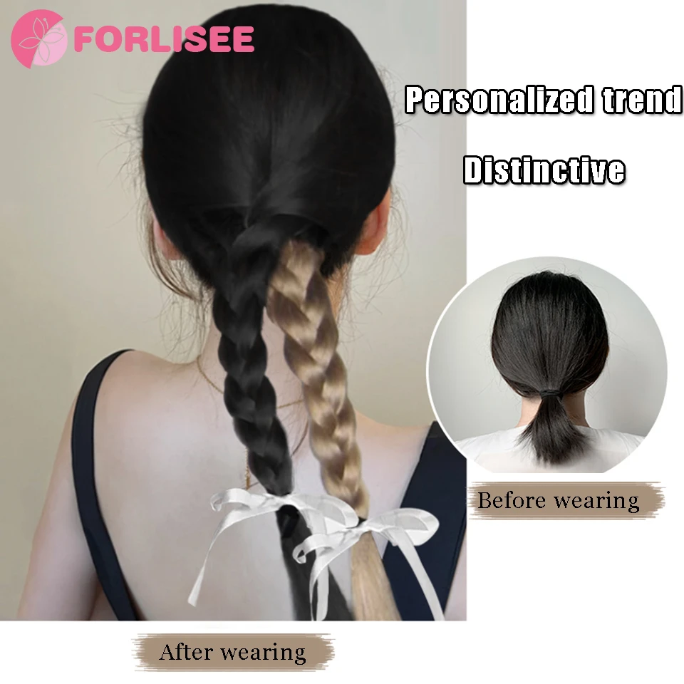 FORLISEE Synthetic Wig Ponytail Black Plus Flax Golden Cross Fried Dough Twists Braid Can Be Tied With High And Low Ponytail