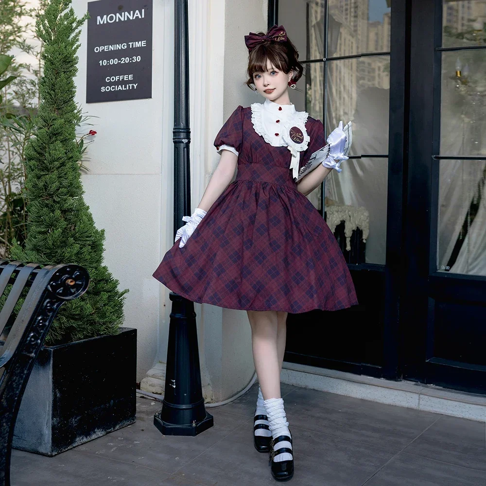 

Новинка 2023 года, оригинальная розовая хлопковая летняя клетчатая одежда в стиле Лолиты для девочек, винтажная японская одежда на весну и осень, сезонная одежда