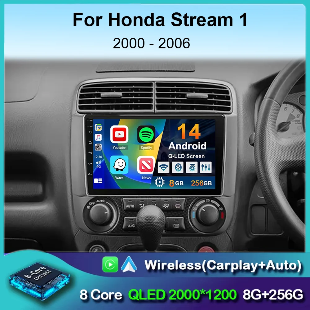 

Android 14 Carplay Auto Car Radio For Honda Stream 2001-2004 MT/AT Multimedia Video Player Navigation GPS Stereo DSP No 2Din DVD