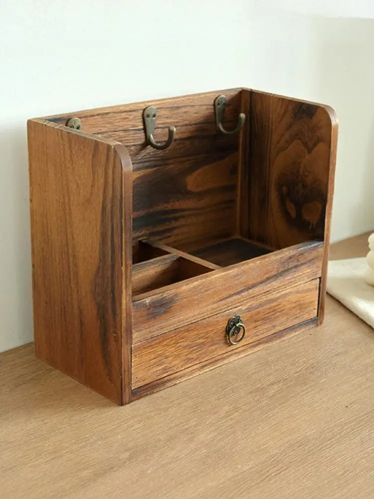 Bohemian Retro Distressed Wooden Wall‑Mounted Key Storage Box, Entryway Key Rack Organizer with Drawer Cabinet for Home Wall Dec