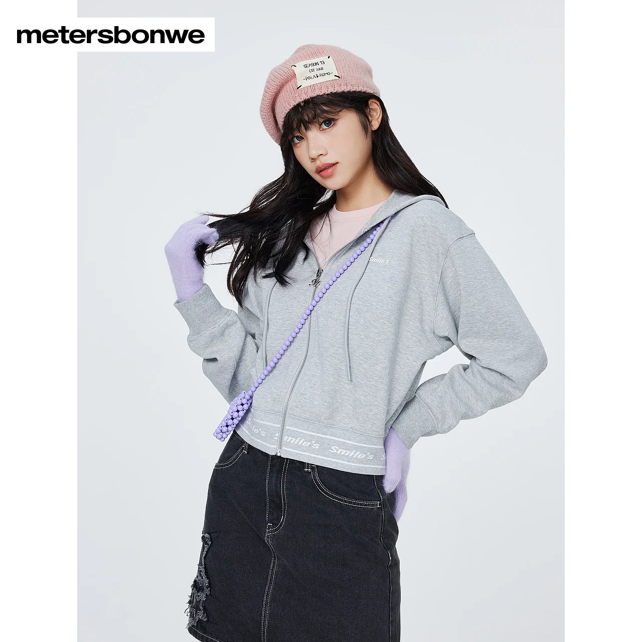 Metersbonwe-Women's Knit Cardigan Hooded Embroidery Loose Outwear Sport Casual Short Coats Winter