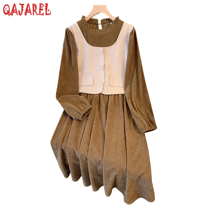 

Женское модное платье пэчворк из двух частей осень-зима черное вельветовое теплое длинное платье 2024 корейское винтажное платье Хепберн для выпускного вечера