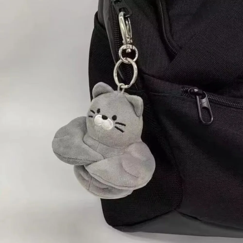 Soft Muscle Cat Plush Keychain Fluffy Gray Color Cat Plush Pendant Muscular Animal Funny Design Cartoon Plush Keyring Men