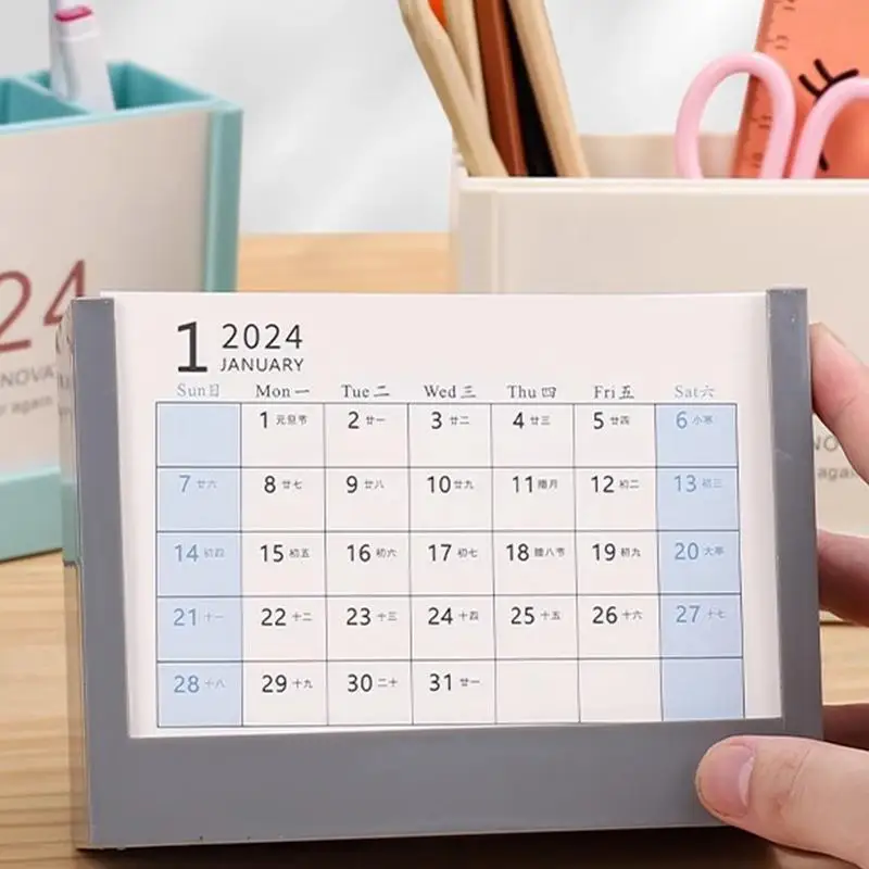 Tabletop Calendar 2024 Desktop Pencil Cup With 2 Grid Stationery Storage For Pen Pencil Scissors Note Paper For School Office