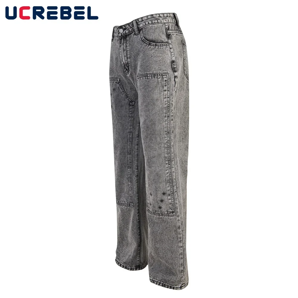 Washed Distressed Double Knee Jeans Mens High Street Straight Loose Flare Pants Men Trousers