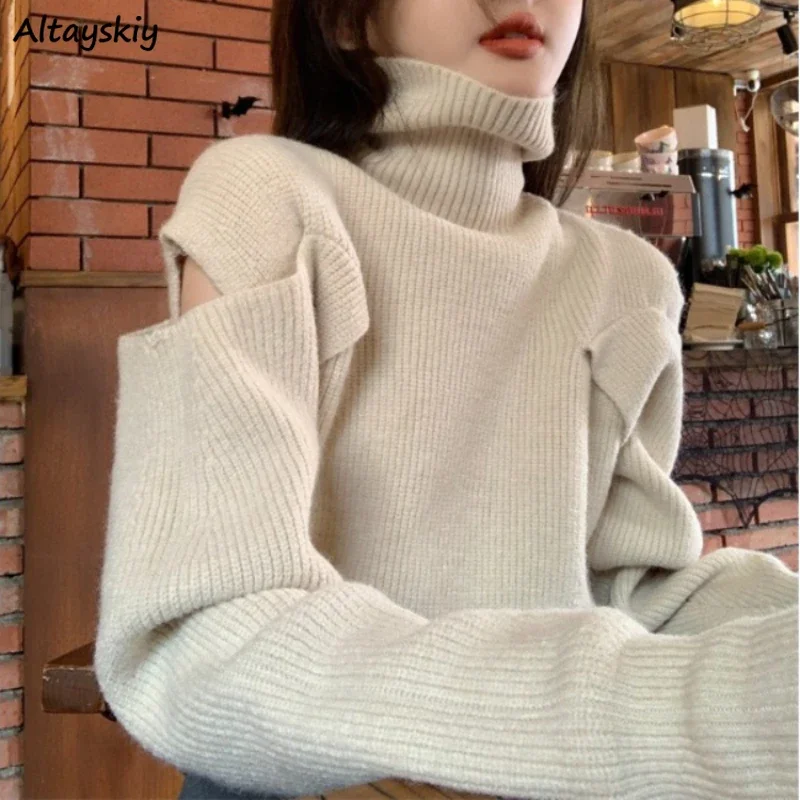 Turtleneck Sweaters Women Autumn Winter Loose Knitwear Hollow Out Simple Designed Pullovers Streetwear Vintage Keep Warm Ulzzang