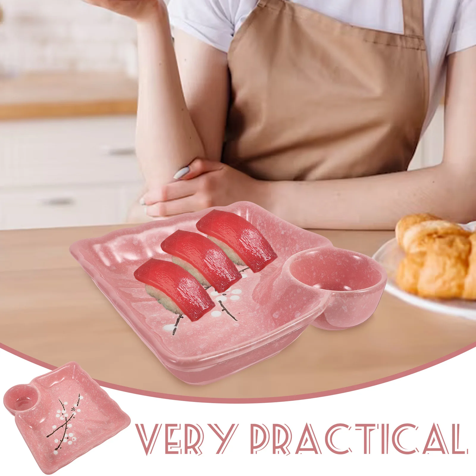 

Dish Bowl Soy Sauce Dipping Bowls Plate with Compartment Divided Seasoning Dishes Pink Holder