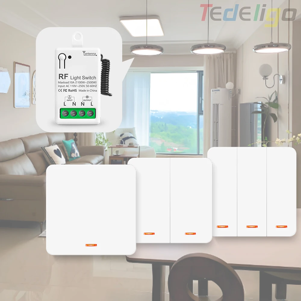 433MHz 1/2/3Gang 86 Wall Panel Switch Wireless Smart Switch Light with RF Remote Control Interruptor 10A 110V 220V for LED Lamp