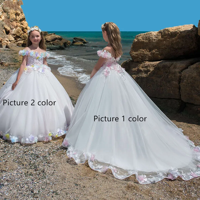Flauschiges Tüll-Smoking-Langarm-Applikation-Blumenmädchenkleid für Hochzeit, elegantes Kinder-Weihnachts- und Geburtstagskleid