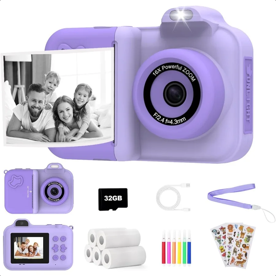 

Camera Instant Print 1080P HD DualLens Selfie Toddler Digital Camera with 5 Rolls Paper 32GB Card Christmas Birthday Gifts Toys