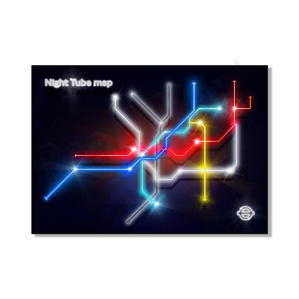 Neon renderings of London, Piccadilly Circus, Camden Town, Baker Street, Oxford Circus, subway decoration poster at night