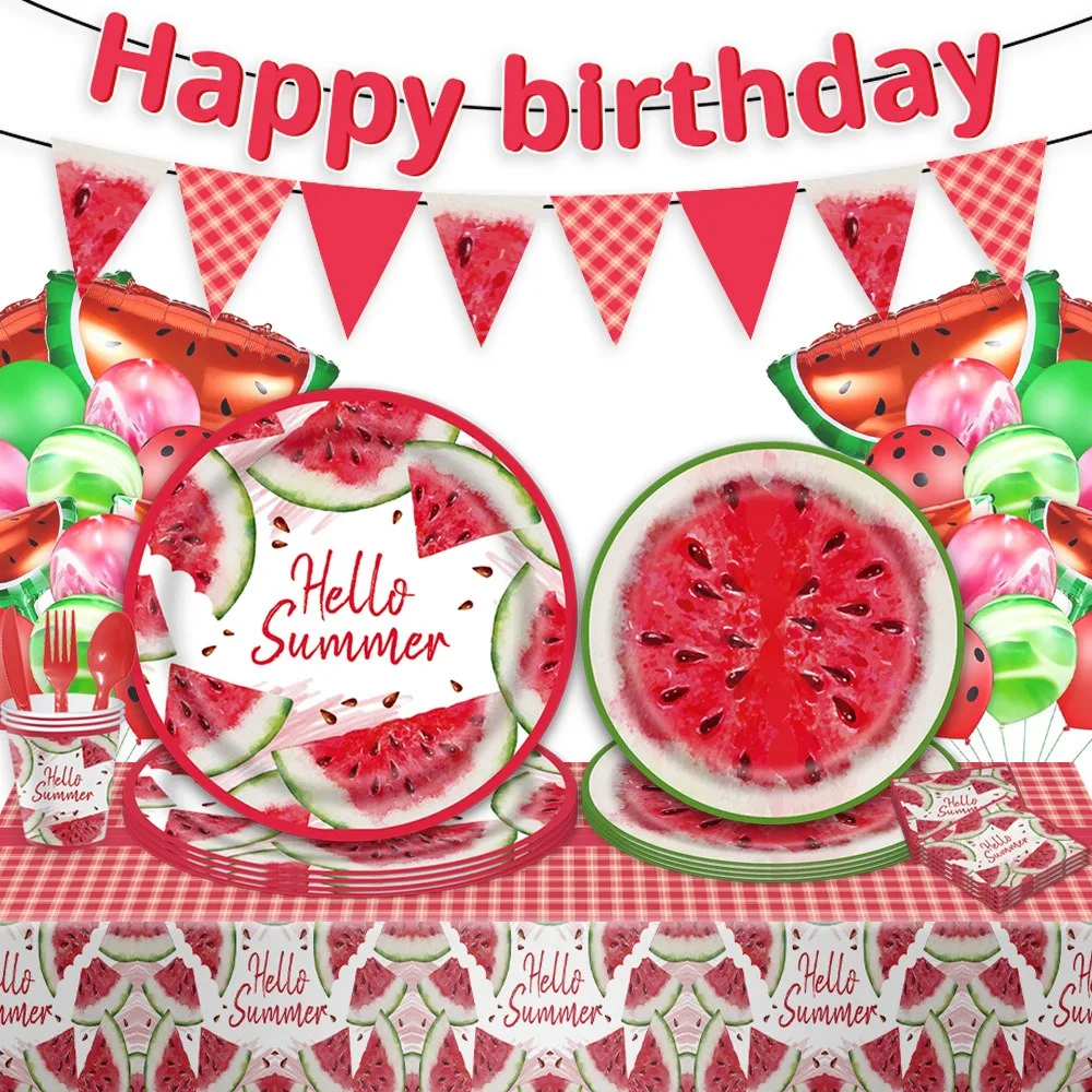 8Guests Summer Watermelon Disposable Tableware Set Watermelon Fruit Napkins Plates Cups Happy Hawaiia Summer Birthday