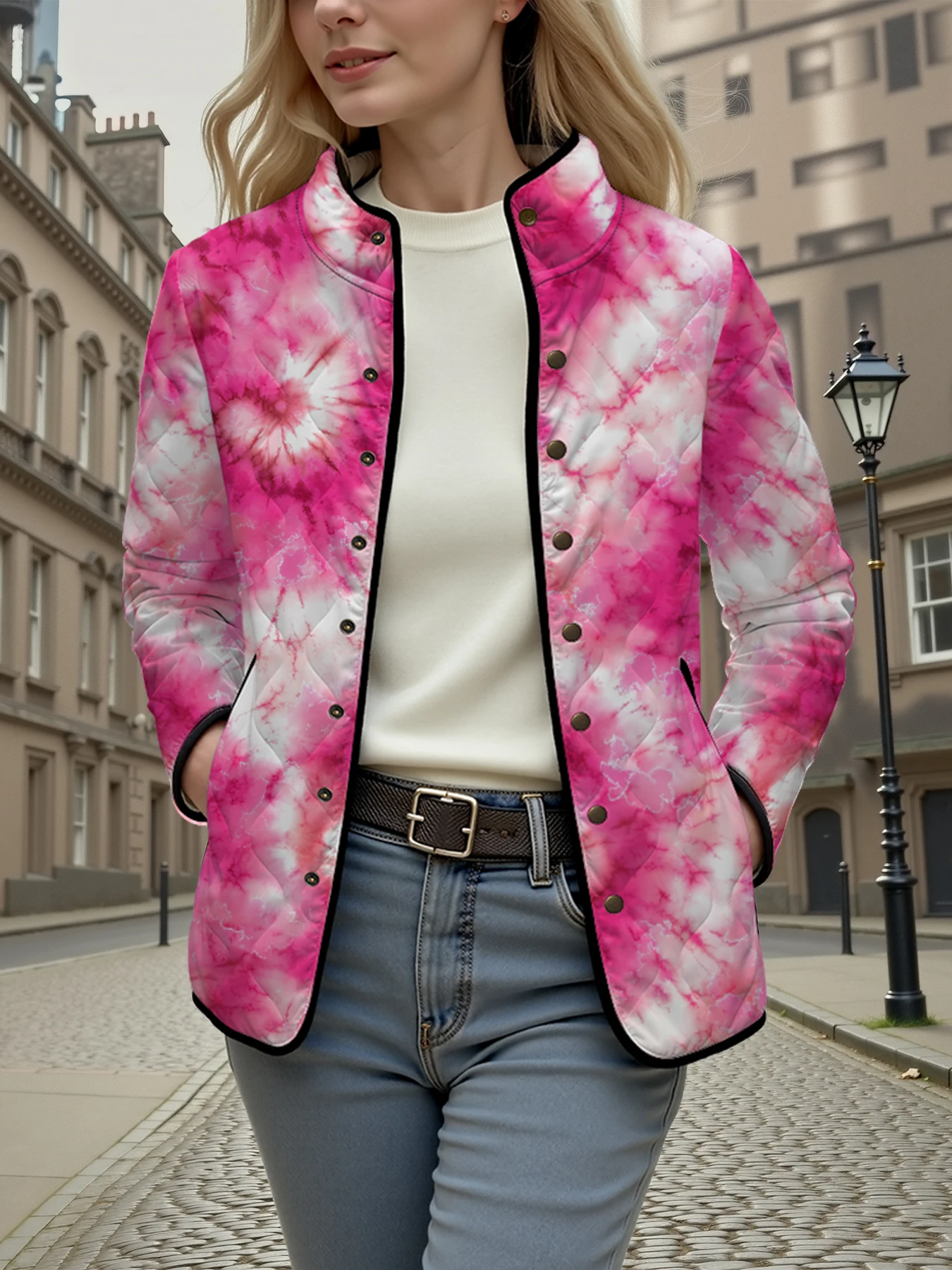 

Женская куртка с принтом тай-дай, воротник-стойка и контрастная легкая теплая осенне-зимняя одежда, модное уличное пальто, стильная верхняя одежда