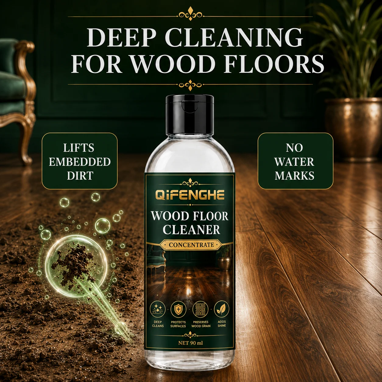 Concentrated Wood Floor Cleaner, Deep Clean Parquet Laminate, Neutral pH, Quick Dry, No Residue, Anti-Bacterial, Deodorize, Shin