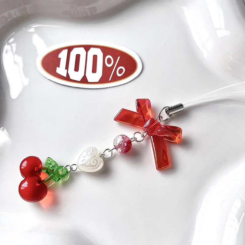 Cute Red Cherry Strawberry Bow Mobile Phone Strap Charm Keychain For Girl Woman Bag Camera Pendant Sweet Cellphone Jewelry