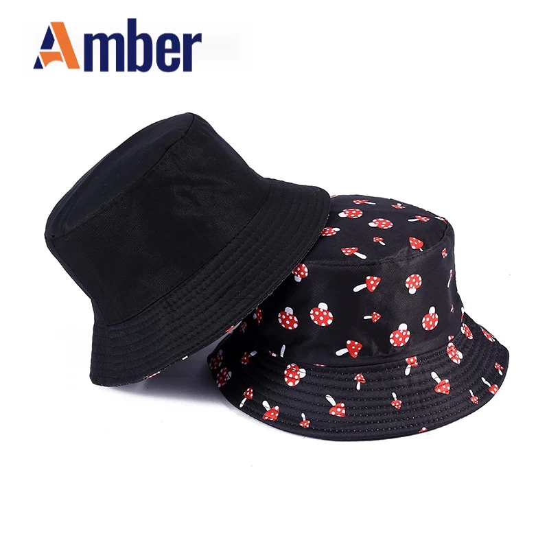 

Amber Mushroom Printed Bucket Hat Reversible Bucket Hats Foldable Cotton Cap Unisex Fisherman Hat Double-sided Sunscreen