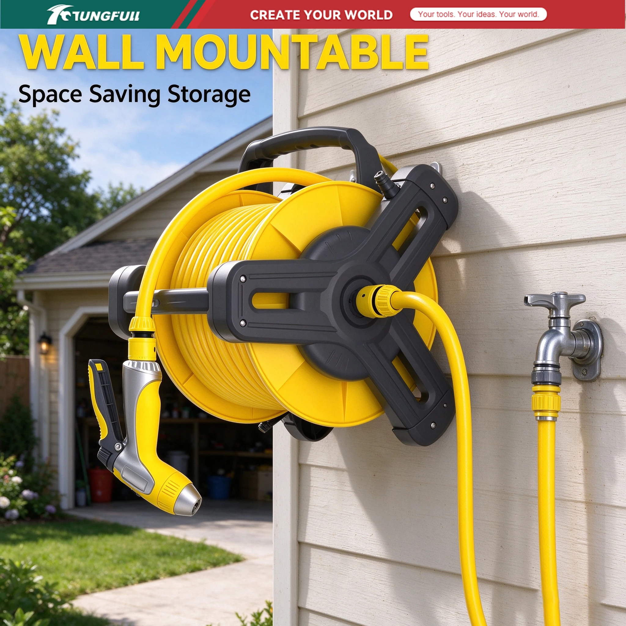 Large Yellow Garden Hose Reel with Water Gun, Portable Water Hose Organizer Storage Rack for Car Wash Outdoor Irrigation