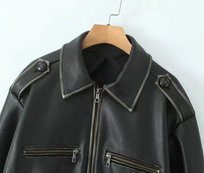 Maxdutti Jaket Kulit Vintage Minimalis Prancis untuk Wanita Musim Gugur Musim Dingin Jaket Kulit Model Boyfriend Wanita