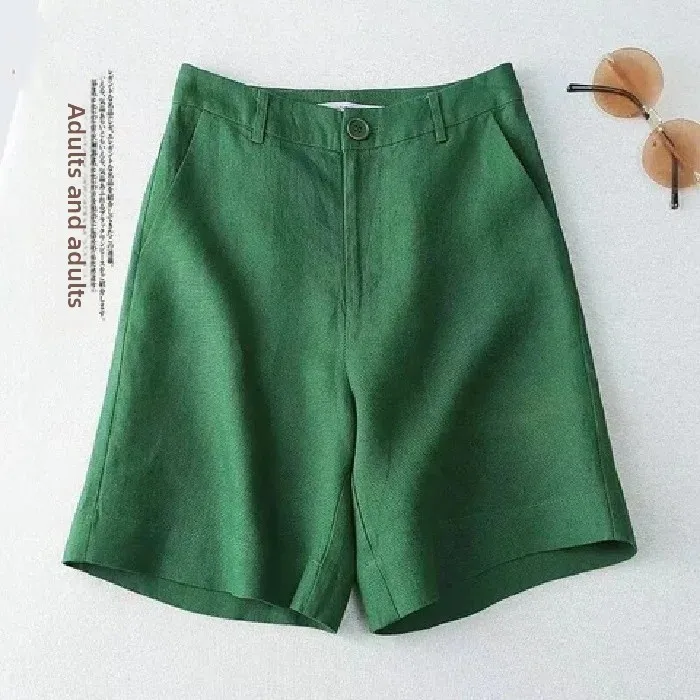 High Waist Cotton Linen Women's Shorts Summer New Style Casual Wide Leg Pants Versatile Straight Cut Five-Quarter Length