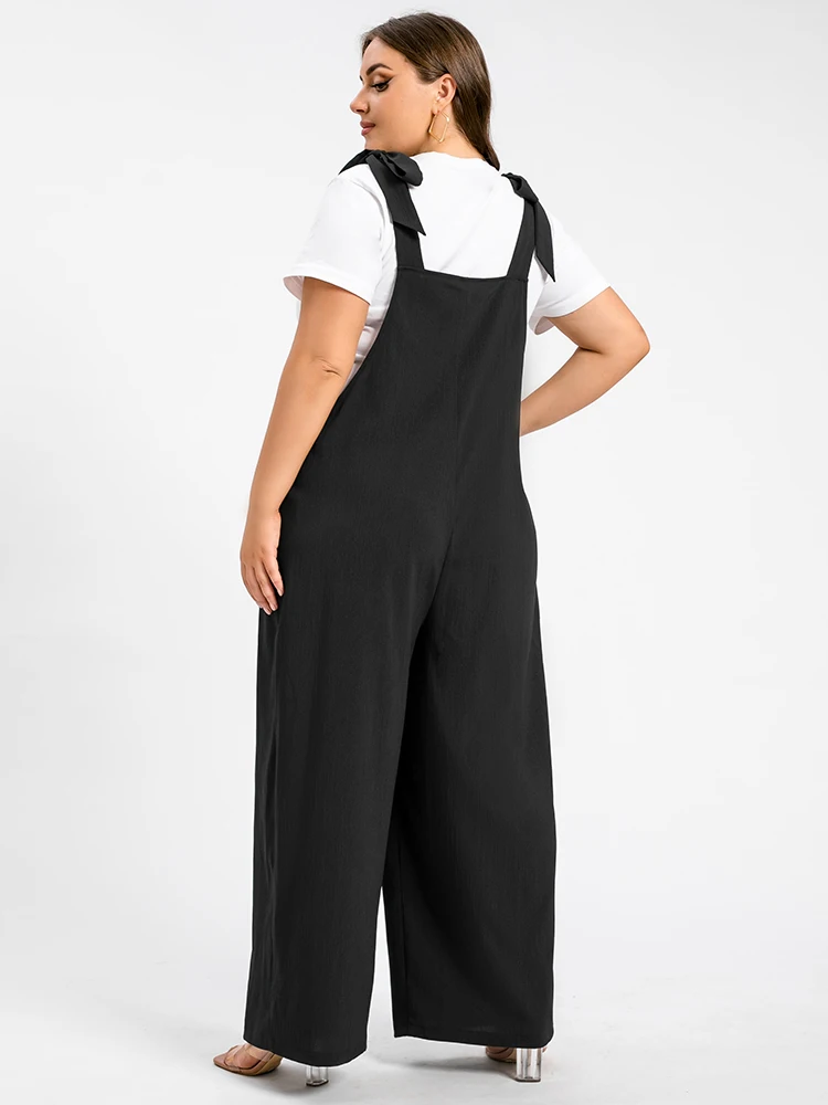 Plus Sized Clothing Women Loose Fit Fashion Overalls Tie Shoulder Wide Leg Jumpsuit with Pocket Summer Jumpsuit Casual Elegant