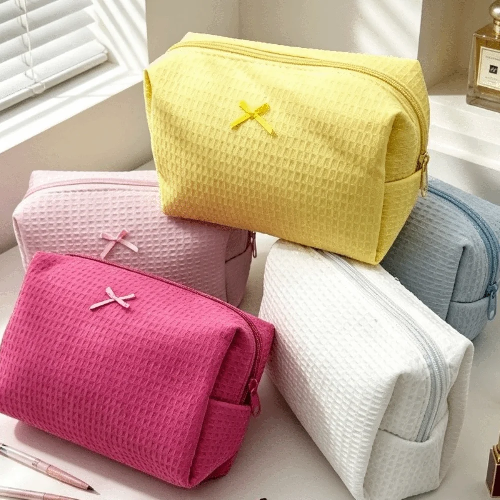 Cute Bow Decor Waffle Knit Makeup Bag Zipper Large Capacity Cosmetic Bag Portable Polyester Toiletry Organizer Travel