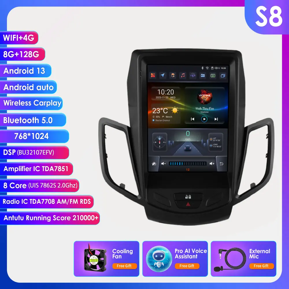 Hizpo 2 Din autoradio voor Ford Fiesta MK7 2009-2016, multimediaspeler met CarPlay, Android Auto, GPS, BT, WIFI, FM, RDS, AI.
