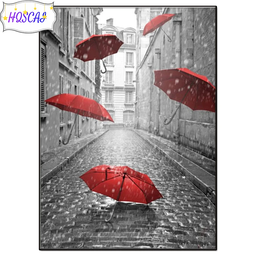 

DIY 5D Urban architecture street view, red umbrella Diamond Painting Full Embroidery Mosaic Art Picture of Rhinestones Decor