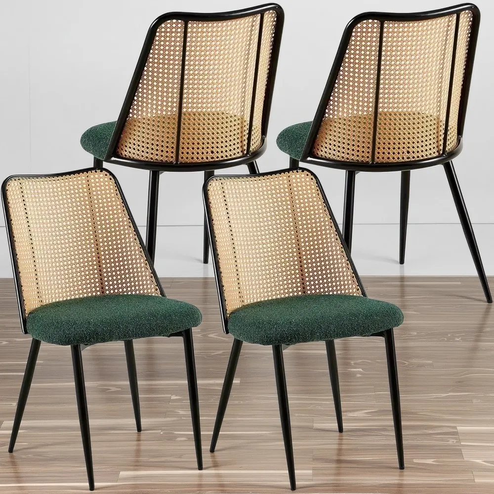 

Boho Dining Chairs Set of 4 - Woven Dining Chairs with Rattan Back and Boucle Cushion, Upholstered Dining Chair with Metal Legs,