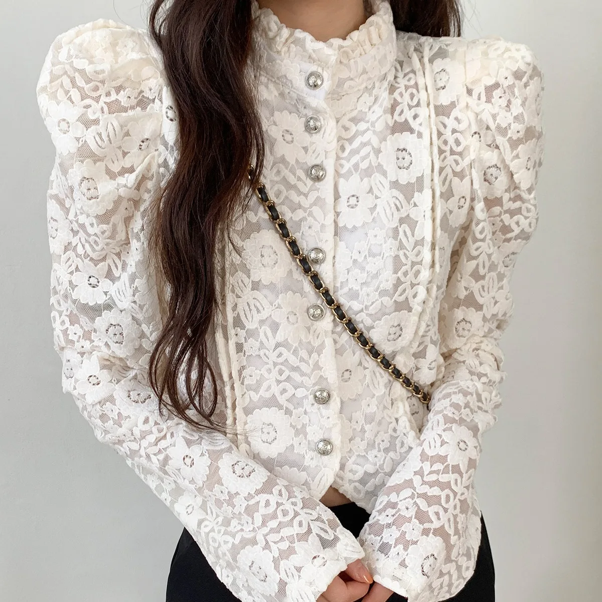 Chique Herfst Winter Kant irt Bubble Sve uitgehold Lange Sve Opstaande Kraag Holle Haak Bloem Basis Top Franse Sle Dames...