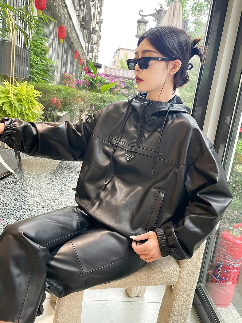 Abrigo informal de piel de oveja auténtica para mujer, abrigo con capucha Dstring ort, adelgazante, holgado, para ir al trabajo, novedad de 2024