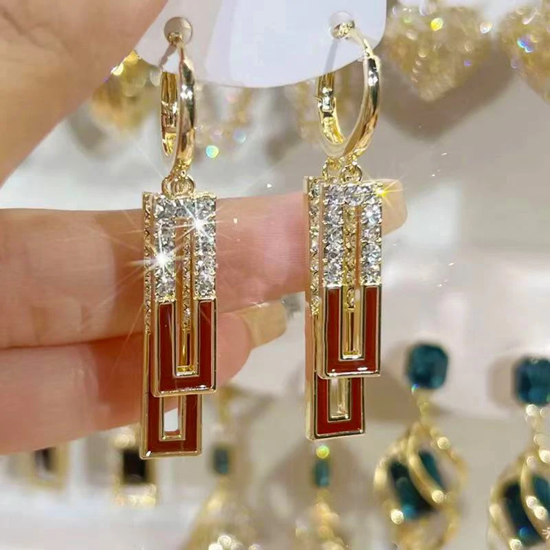 New Fashion White Square Rhinestone Zircon Double Pendant Gold Color Earrings for Women Unique Design Girls Trend Jewelry Gift